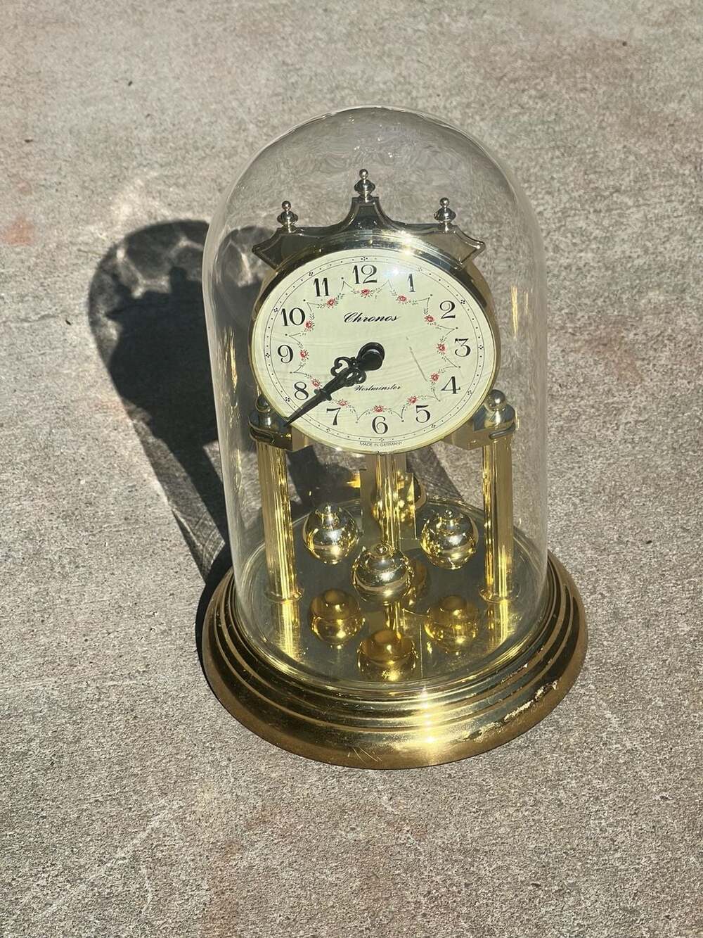 Chronos Quartz Anniversary Glass Dome Mantel Clock with Floral Dial